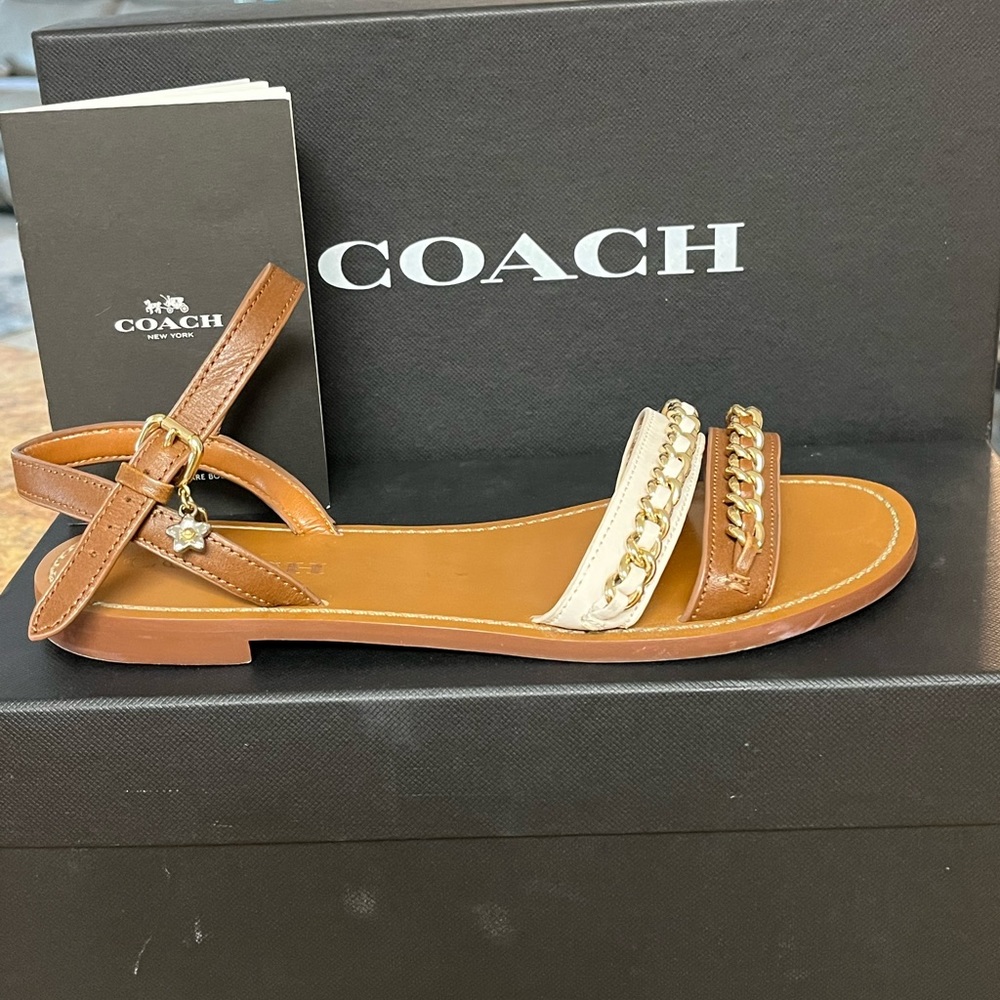 Size 6 Coach Saddle & Chalk (tan & white) chain ankle strap sandals.
